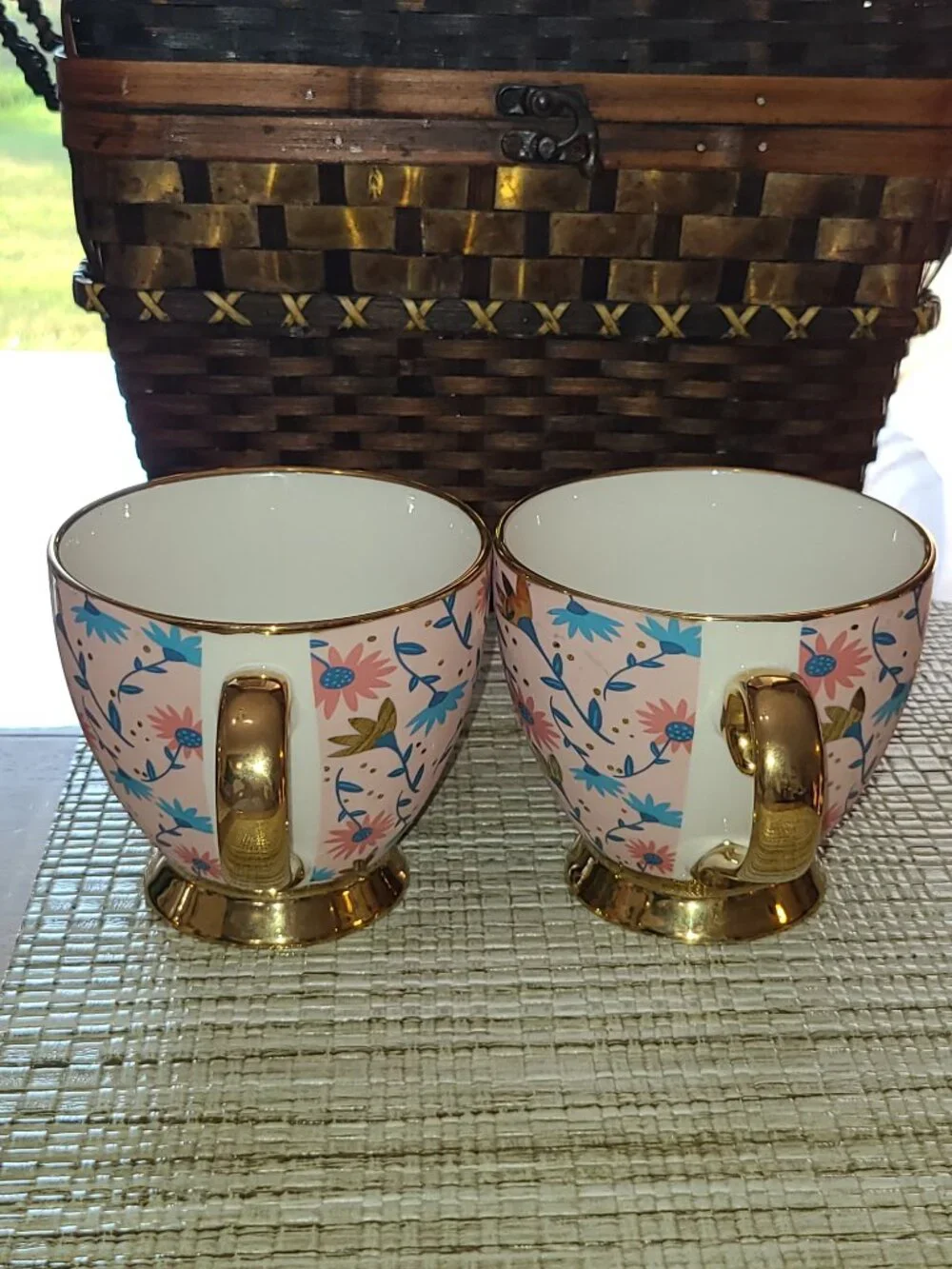 Pair of Aurora Maxwell Int'l Ceramic Porcelain Mugs Blue Pink Gold Tone Trim